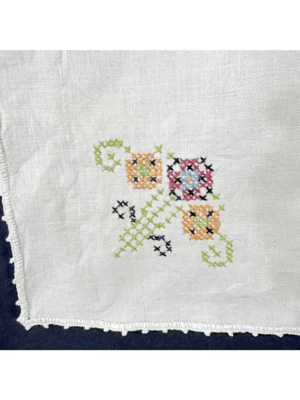 Embroidered Tablecloth Cross Stitch Design Flowers Birds Square Vintage 1950s